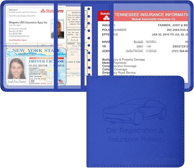 Car Insurance and Registration Holder, 5.5 x 5 Inch PU Leather Vehicle Glove Box Organizer Wallet Case for Insurance Card, Driver License, Paperwork - Blue