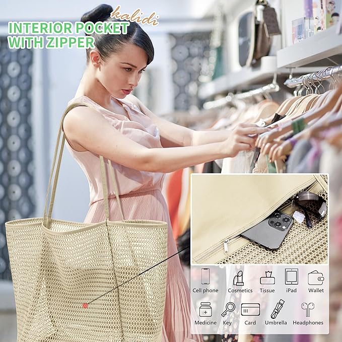 KALIDI BeachNylon Mesh Tote Bag, Casual Tote Bag Hobo Women Foldable MAX 23L Shoulder Bag For Beach Picnic Vacation