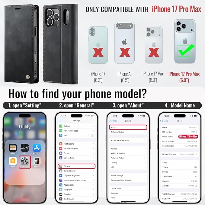 PlusnapX Wallet Case for iPhone 17 Pro Max Compatible with Magsafe, 2-in-1 PU Leather Flip RFID Blocking Card Holder Stand Shockproof Magnetic Detachable Cover for iPhone 17 Pro Max Case 6.9", Black