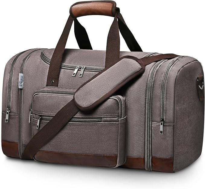 Wolhbege Duffle Bag for Travel,Mens Travel Bag & Carry On Bag for Men with Expandable Design and Luggage Sleeve –Duffel Bag for Gym, Weekender,Canvas,Overnight Trips Grey