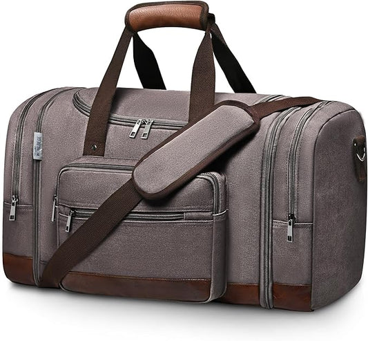 Wolhbege Duffle Bag for Travel,Mens Travel Bag & Carry On Bag for Men with Expandable Design and Luggage Sleeve –Duffel Bag for Gym, Weekender,Canvas,Overnight Trips Grey