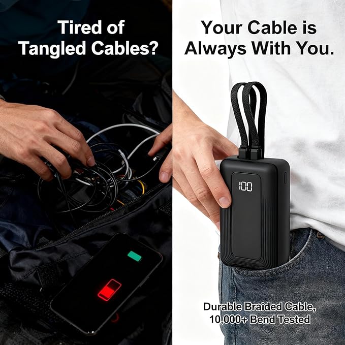 Portable Charger 10000mAh Power Bank with 4-Port Fast Charging, Built-in Type-C & Lightning High-Speed Cables, LED Display for iPhone 16/15/14/13 Pro Max & for Samsung S25/S24.