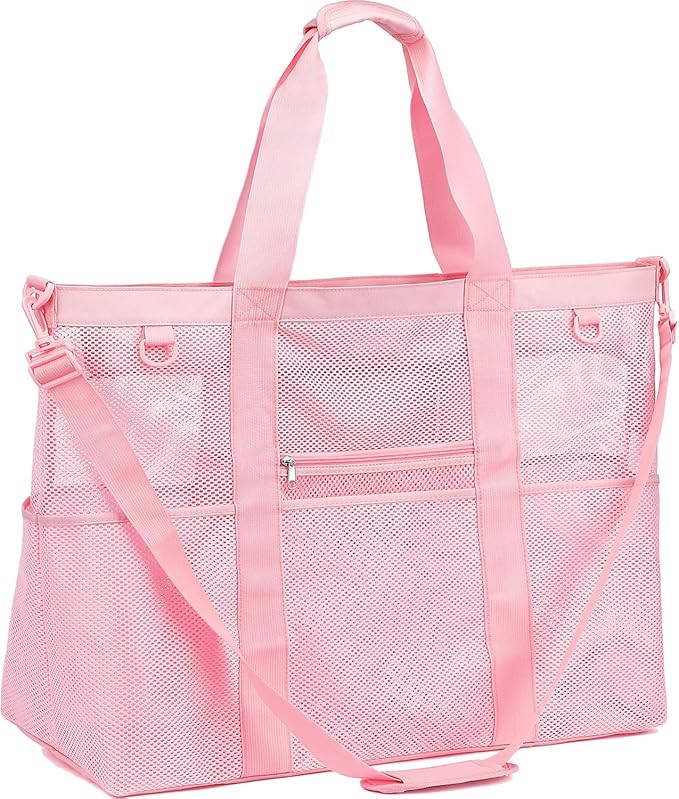 Mesh Beach Bag, Large Beach Tote with Zipper Pocket for Family Pool Bag for Toys & Vacation Essentials