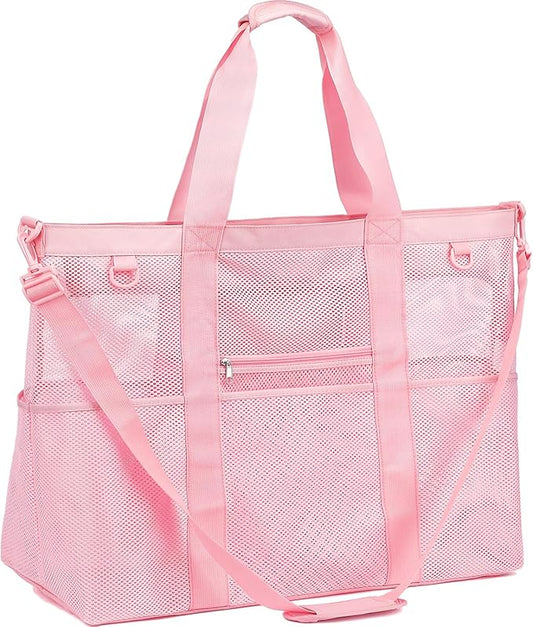 Mesh Beach Bag, Large Beach Tote with Zipper Pocket for Family Pool Bag for Toys & Vacation Essentials
