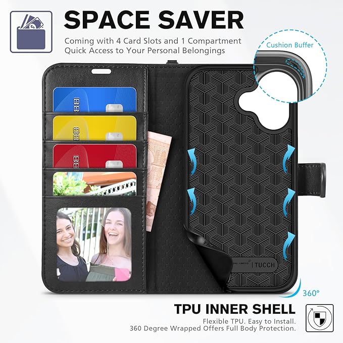 TUCCH Wallet Case for iPhone 17 (6.3") 2025, Wrist Strap RFID Blocking 4 Card Slots, Kickstand, Shockproof TPU Shell, PU Leather, Magnetic Closure, Protective Flip Folio Cover, Black
