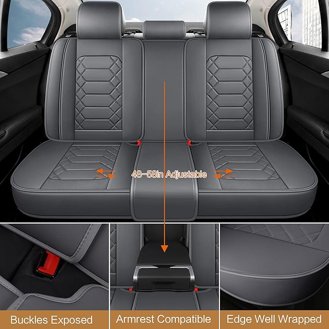 HAIYAOTIMES Leather Car Seat Covers Full Set, Waterproof Faux Leather Seat Covers for Cars, Non-Slip Car Interior Covers Universal Fit for Most Cars Sedans Trucks SUVs, Gray