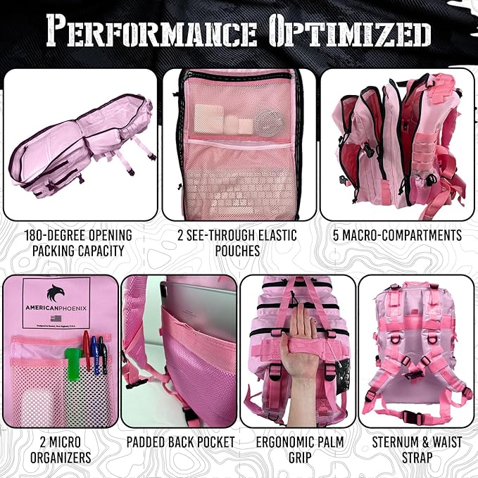 AMERICANPHOENIX 45L Elite Tactical Backpack | 3X Stronger Work & Military Backpack | Water Resistant and Heavy Duty | 3 Day MOLLE Bug Out Bag (Rose Pink)