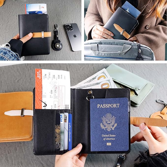 Deziliao Passport wallets, Mulit-purpose RFID Blocking Passport Holder AirTag Wallet, Travel Wallet（Black）