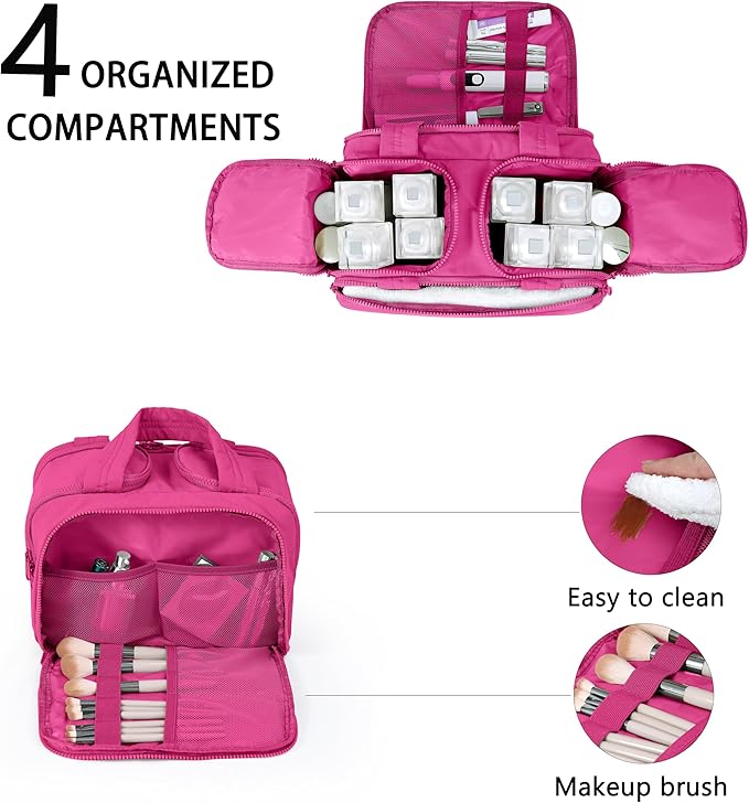 Travel Toiletry Bag for Women, Large Wide-open Puffy Cosmetic Makeup Bag with Wet-Dry Separation, Multi-Pocket Organizer with Carry Handle for Toiletries, Cosmetics, Essentials, Rose Red