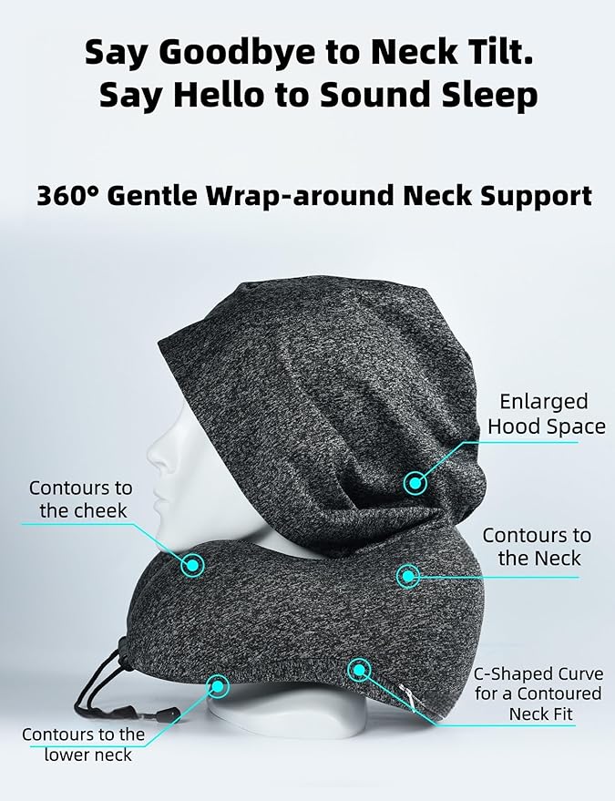Travel Neck Pillow with Extra Large Hood Rollable Airplant Hooded Neck Pillow with Memory Foam Filling and Removable, Skin-Friendly Cover with a Carrying Pouch