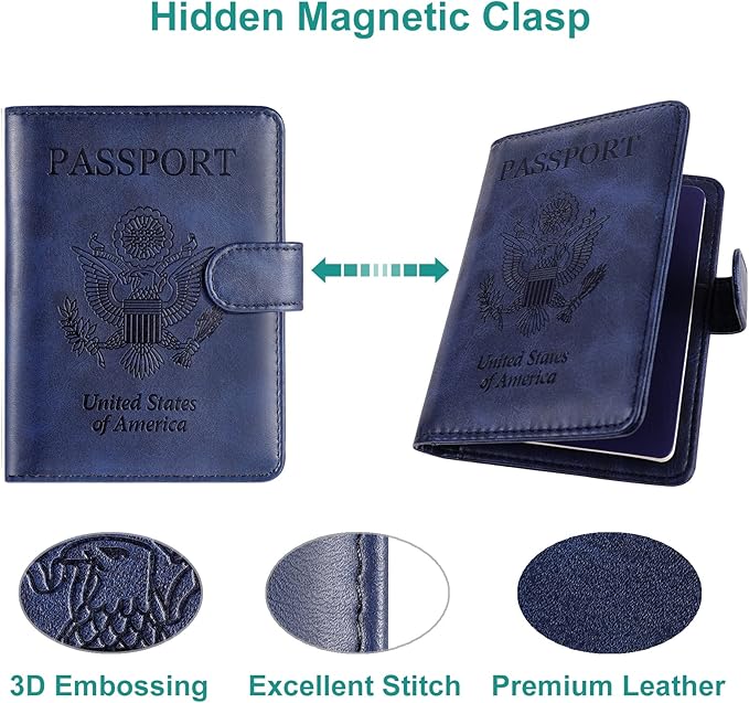 RSAquar Passport Holder for Women and Men, Premium PU Leather Travel Passport Wallet RFID Blocking Passport Cover Travel Documents Organizer with Pen Holder, Blue