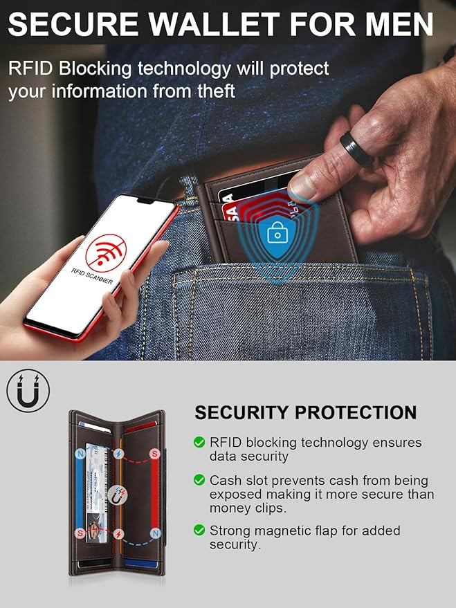 Wallet for Men Slim Leather Wallets for 9-13 Cards, RFID Blocking Thin Card Holder Wallet with ID Window & Stretchable Cash Slot, Minimalist Bifold Small Wallet for Front Pocket, Birthday Gift for Men