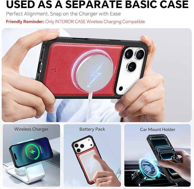 TUCCH 2-in-1 Removable Case Wallet for iPhone 17 Pro Max (6.9") 2025, Detachable Wrist Strap, 4 Card Holders RFID Blocking, Wireless Charging, Stand, Magnetic, PU Leather, Shockproof Folio Cover, Red