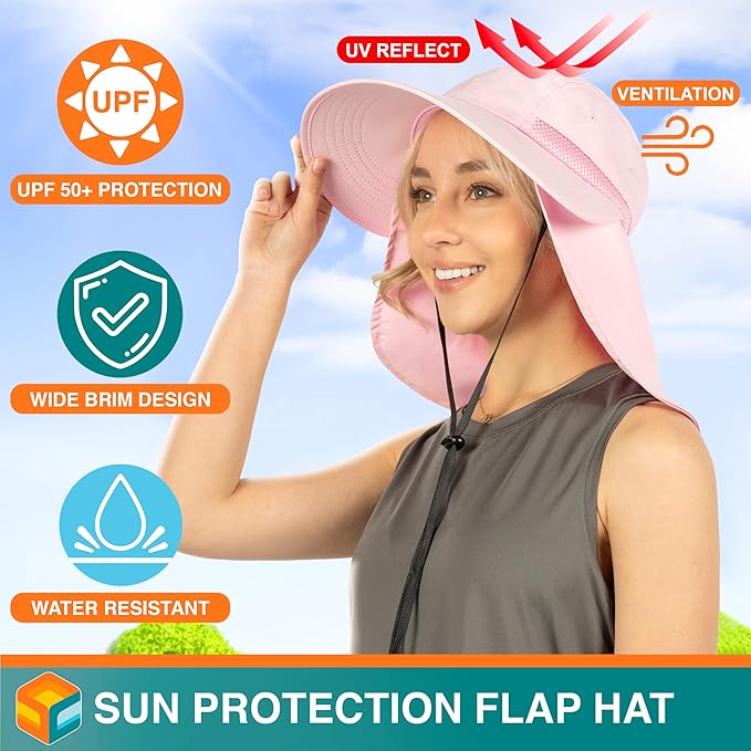 SUN CUBE Sun Hat for Women with Ponytail Hole Neck Flap, Gardening Hat Women Sun Protection, UV Hats Hiking Walking Fishing