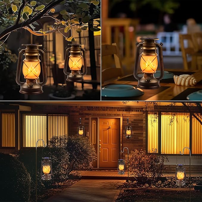 Solar Lanterns Outdoor Waterproof,2 Pack Bronze Vintage Lanterns with Dancing Flame Led Hanging Lights Decor,Lamps for Porch Garden Yard Pathway Camping