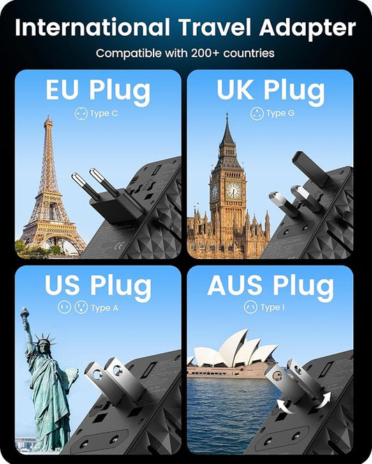 LENCENT 85W Universal Travel Power Adapter with Retractable USB C Cable, GaN International Travel Adapter with 1 USB-A & 3 Type C Fast Charging, Worldwide Plug Adaptor for US to EU UK Type C/G/A/I