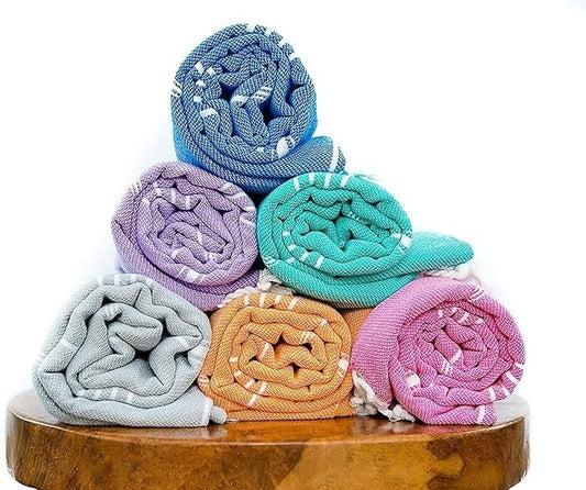 HAVLULAND Set of 6 Turkish Cotton Beach Towels, 71x39, Multi-Color, Quick-Dry, Absorbent, Lightweight, Sand-Free, Ideal for Beach, Pool, Gym, Yoga, Travel, Camping, Picnic