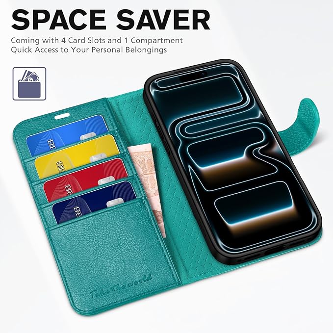 TUCCH Wallet Case for iPhone 17 Pro Max (6.9") 2025, 4 Card Slots | RFID Blocking | Stand | PU Leather | Magnetic Closure | Protective Flip Folio Cover | Shockproof TPU Shell | Cyan