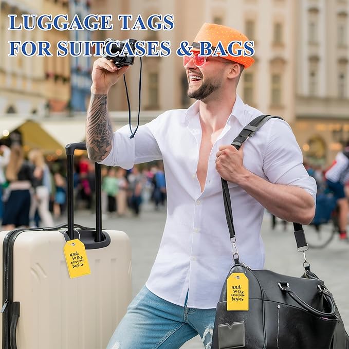 Luggage Tag & Initial Baggage Tags for Suitcases Leather Bag Tags for Backpacks Handbag School Instrument with Name ID Label Travel Essentials, Unique Fun Yellow Personalized Luggage Tags 2 Pack