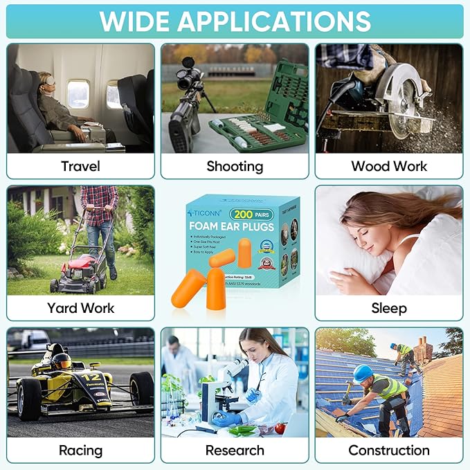 TICONN 40 Pairs Ear Plugs, 32dB Noise Reduction Earplugs for Sleeping Hearing Protection Travel Study Concentration Construction Site (40 Pairs)