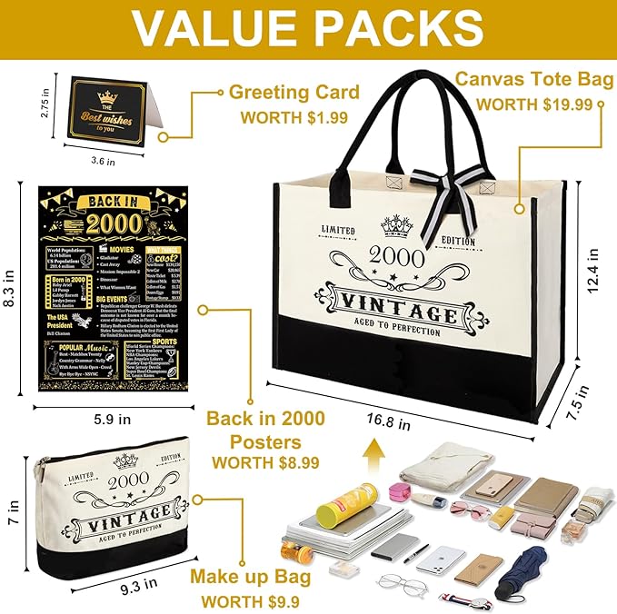 25th Birthday Gifts for Women Canvas Tote Bag Travel Gear, Unique 25 Years Old Birthday Gifts for Girlfriend Sister Friends Her, Vintage 2000 Handbag & Cosmetic Bag & Back in 2000 Poster