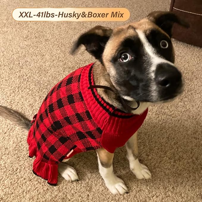 KYEESE Christmas Dog Sweater Dress for Medium Dogs with Leash Hole Checkered Pet Sweaters Dogs Christmas Outfit with BowtieTurtleneck Dog Apparel for Winter