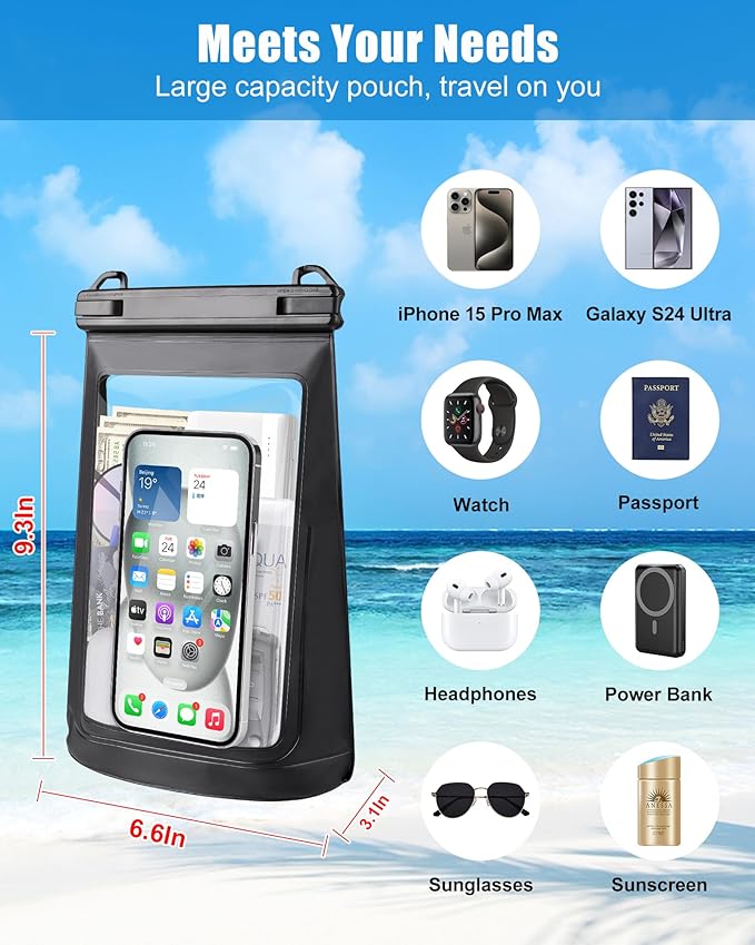 Waterproof Phone Pouch for iPhone 16 15 14 11 Pro Max & Galaxy S24 S21 - Floating Large Capacity Dry Bag Stores Sunscreen, Sunglasses - Oversized Waterproof Bag for Beach, Swimming, Kayaking