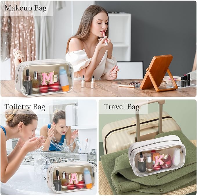 YOOLIFE Initial Make Up Bag Travel Toiletry Bag, Clear Makeup Bag Preppy Cosmetic Bag Clear Makeup Bags With Zipper Girlfriend Teacher 8 Year Old Girl Gifts Daughter Gifts Swim Gifts For Girls White T