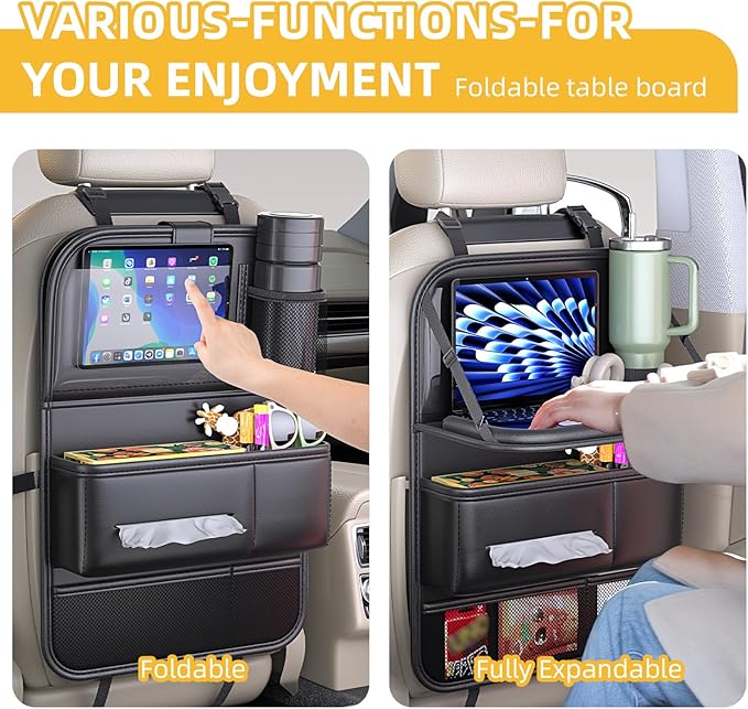 Donpeshe 1PC Leather Foldable Backseat Organizer with Tray for Cars - Portable Kids Car Tray Table, Travel Food Desk & Waterproof Storage