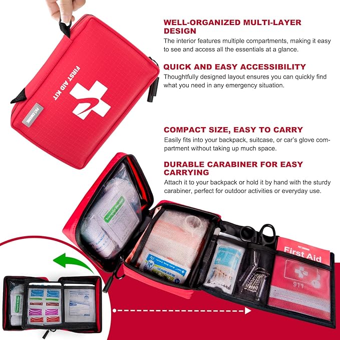Compact First Aid Kit 300 PCS – Small Waterproof Emergency Medical Kit for Home, Car, Travel, Camping, Hiking, Truck, Office, Sports & Outdoor – Lightweight First Aid Bag
