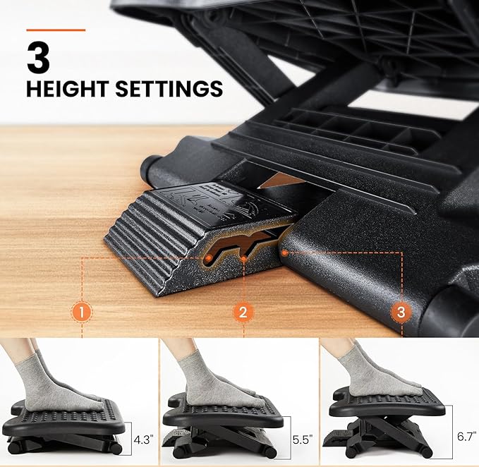 ErGear Under Desk Footrest, Adjustable Foot Rest with 3 Height Settings and 30-Degree Angle, Ergonomic Desk Foot Rest with Massage Texture, Foot and Leg Rest for Home & Office