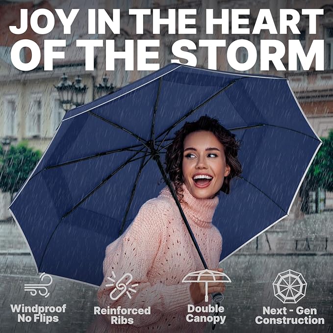 Royal Walk Windproof Folding Travel Umbrella Compact and Strong Luxurious Real Wood Handle Automatic Open Close Vented Double Canopy for Men and Women