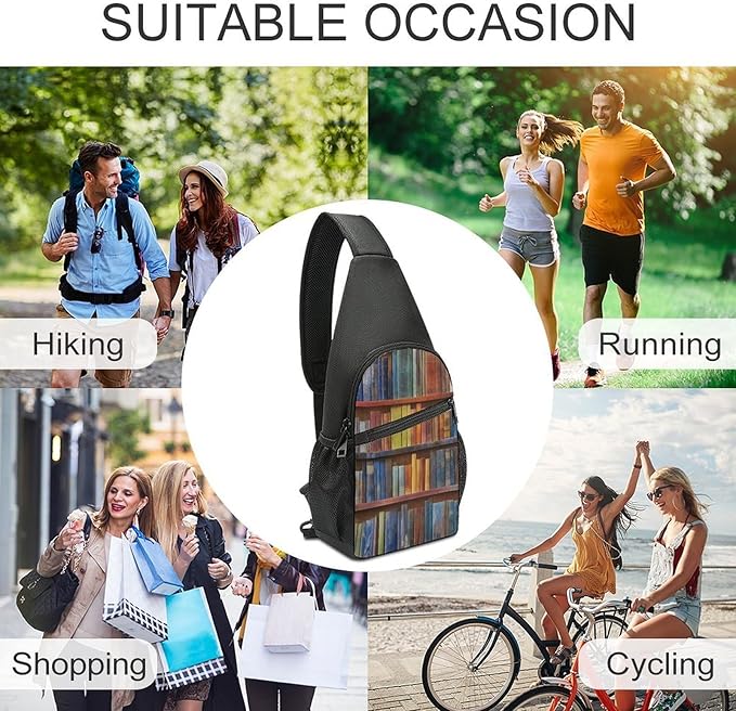 SWEET TANG Men's Crossbody Bag Anti Theft Shoulder Backpack, Funny and Chest Bags Vintage Library Bookshelf Bookcase for Fishing Cycling Hiking, Lightweight and Large Capacity