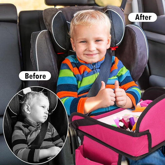 WENRENER Kids Travel Tray for Airplane - Toddler Car Seat Table Tray, Road Trip Essentials for Boys & Girls, Carseat Lap Desk for Kids Road Trip Activities (Pink)