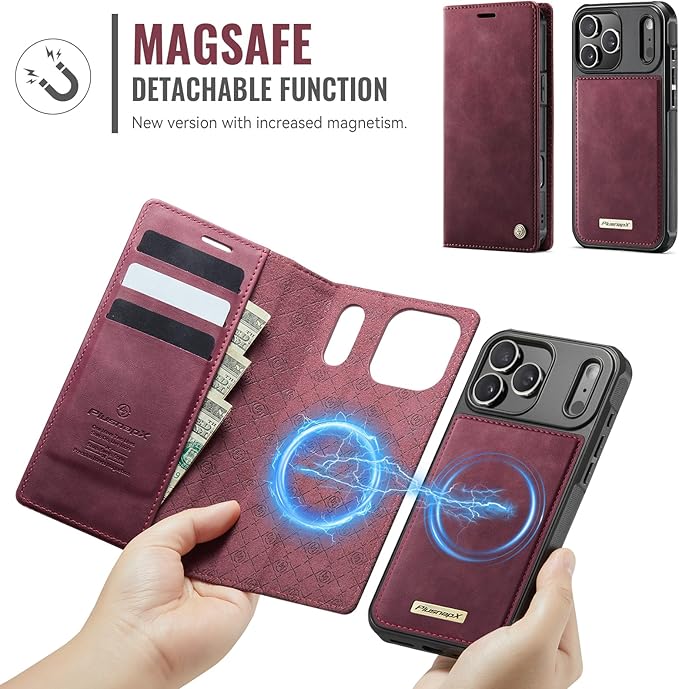 PlusnapX Wallet Case for iPhone 17 Pro Compatible with Magsafe, 2-in-1 PU Leather Flip RFID Blocking Card Holder Stand Shockproof Magnetic Detachable Case for iPhone 17 Pro Case 6.3", Burgundy
