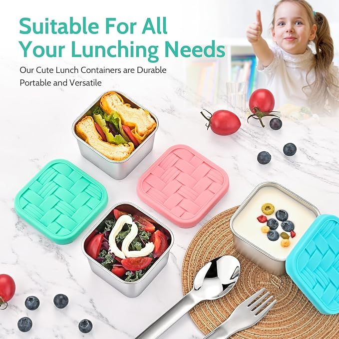 Ryrokxivi 8PC 6oz Stainless Steel Snack Containers with lids, BPA-Free Metal Kids Snack Cups with Fork and Spoon, Leakproof Lunch Box Containers，Resuable Baby Food Storage Bowl