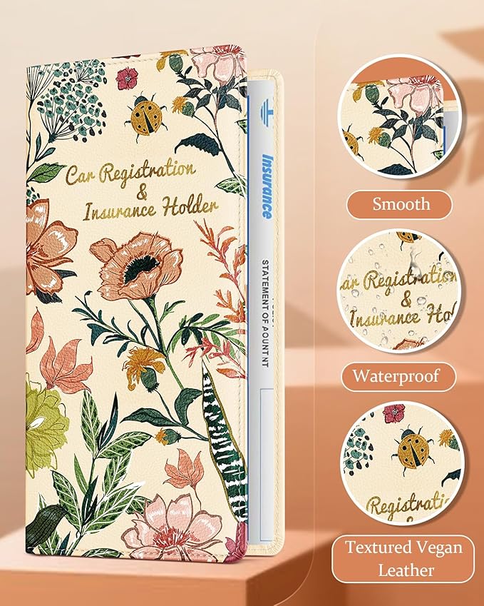 Slohif Car Registration and Insurance Card Holder with Magnetic Shut - Vehicle Glove Box Organizer Women Leather Automobile License Holders Coasters Auto Case for Document Flower Floral