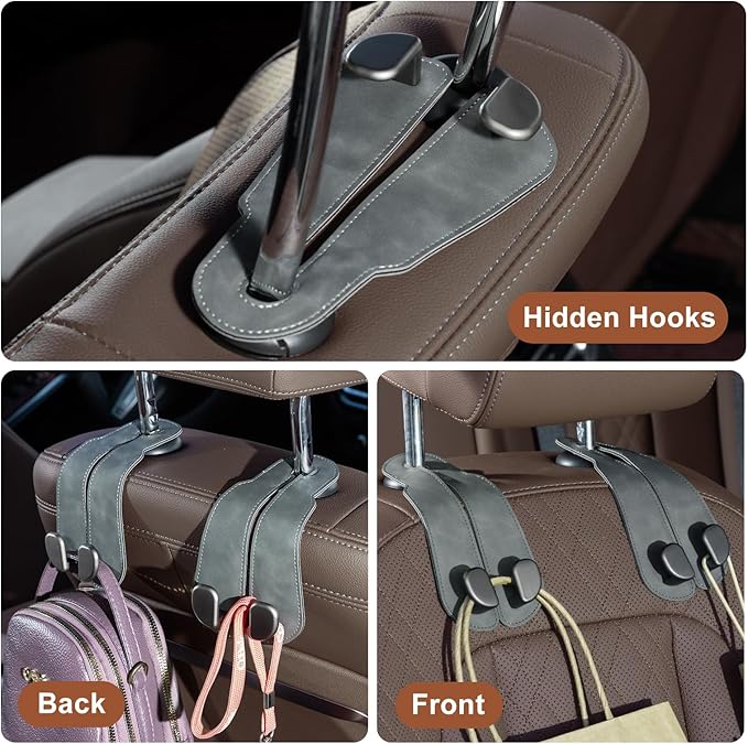 CoBak Headrest Hooks for Car - Universal Premium Stitched Leather and Aluminum-Magnesium Alloy Double Car Seat Back Storage Hook for Purses, Handbags, Bags (2 Pack),Gray