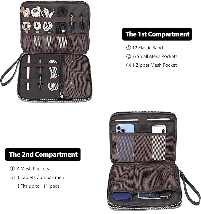 LANNSYNE Full Grain Leather Travel Cable Accessories Bag, Electronic Organizer Carry Case Double Layer Storage Case for Cables, Charger, Phone, Power Bank