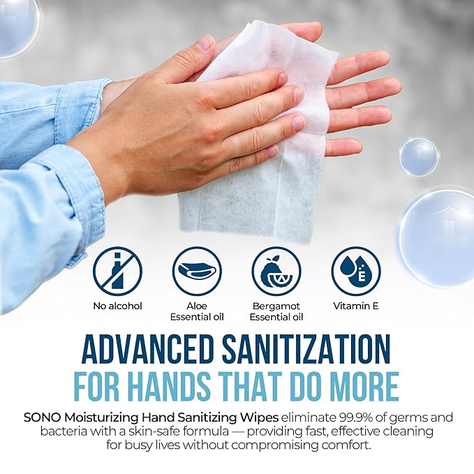 SONO Bergamot & Aloe Moisturizing Hand Sanitizer Wipes - TSA-Approved Travel Size Individual Packs for On-the-Go Hygiene & Cleansing - Alcohol-Free Antibacterial for Hands & Surfaces