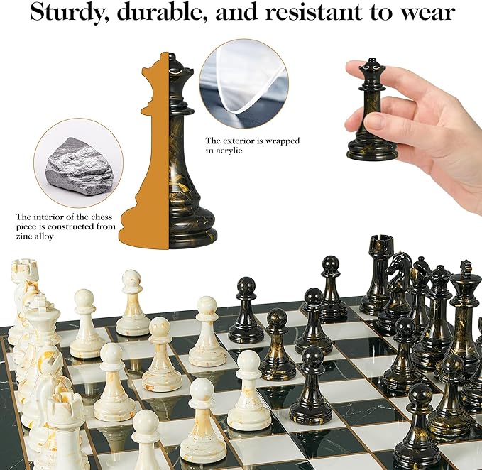 15" Large Chess Set for Adults with Extra 2 Queens, Weighted Acrylic Pieces-3.5" King w/Leather Base, Portable Folding Marbling Wooden Chess Board - Travel/Family Game & Elegant Gift