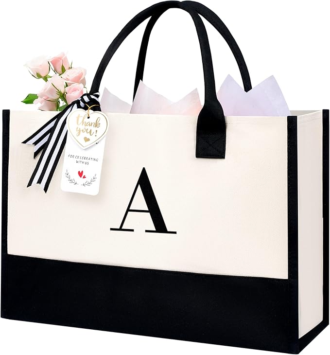 BAGAIL Initial Tote Bag, Personalized Birthday Gifts for Women, Teacher, Friends, Mom, Wedding, Monogrammed Beach Bag