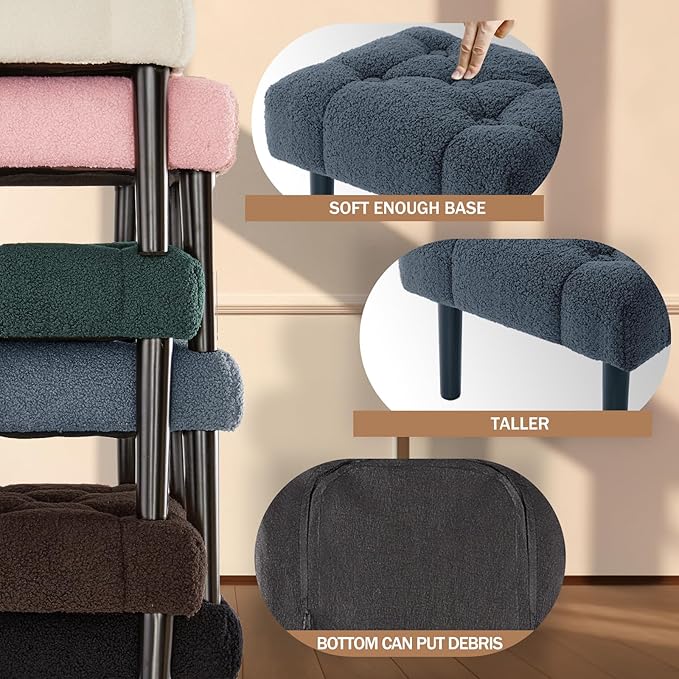 HOUCHICS Fur Padded Foot Stool, Small Ottoman Foot Rest with Wooden Legs,Modern Rectangle Chair Foot Rest Foot Step Stool for Living Room, Couch, Desk（Blue）