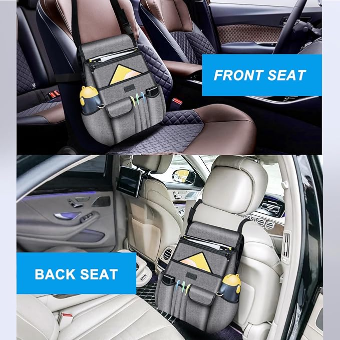 Car Front Seat Organizer| Efficient Car Organizers and Storage | Laptop,Tablet Pockets, Adjustable Straps,Kid-Friendly, Multi-Pocket, Cup Holders, Sturdy and Durable, Grey