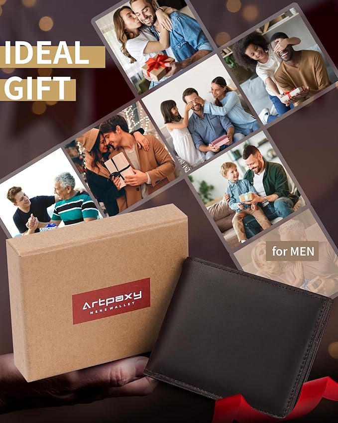 Artpaxy Mens Wallet Bifold Genuine Leather RFID Blocking Wallet for Men with 1 ID Windows 13 Card Holders 2 cash pockets 1 Gift Box