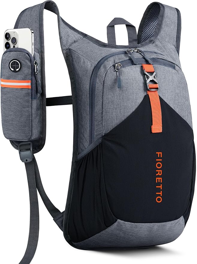 FIORETTO 15L Hiking Backpack for Women Men Mini Packable Backpack Lightweight Small Daypack for Camping Travel Outdoor, Grey and Black