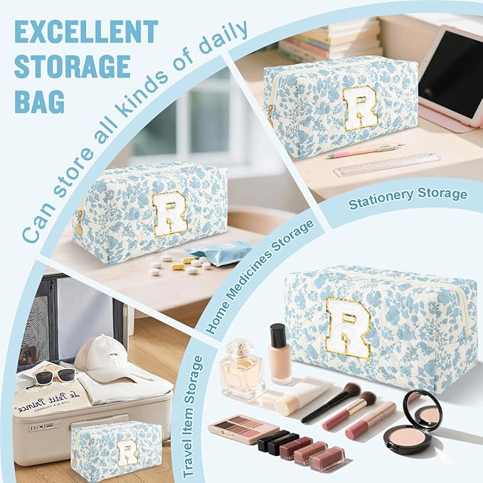 Personalized Quilted Cosmetic Bag, Puffy Monogrammed Christmas Birthday Gifts for Women & Girls, Cute initial Floral Makeup Bag Puffer Coquette Bag, Aesthetic Travel Toiletry Zipper Pouch(Blue,R)
