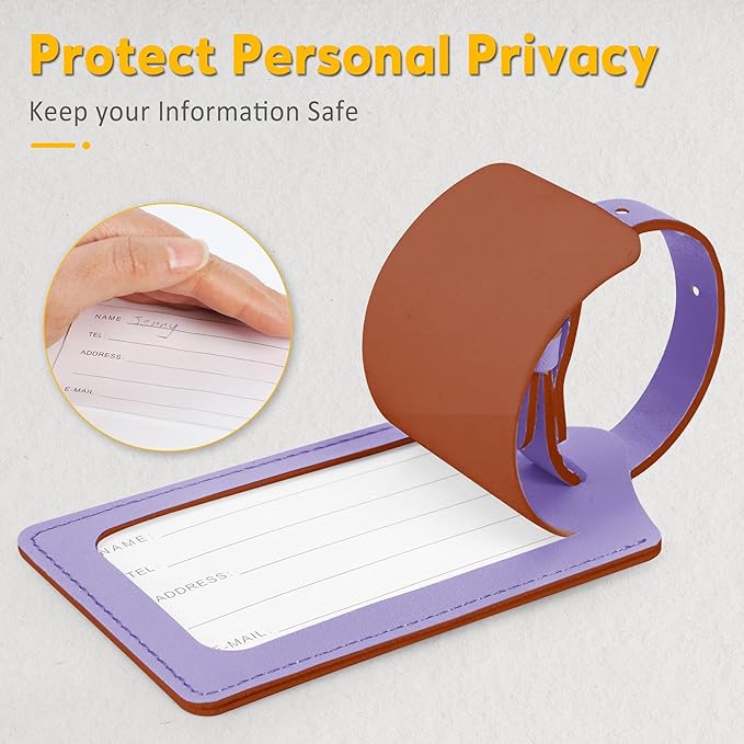 Travelambo 8 Pack Luggage Tags Faux Leather for Suitcases Travel Bag Labels Travel Accessories Essential with Protection Cover ID (Purple)
