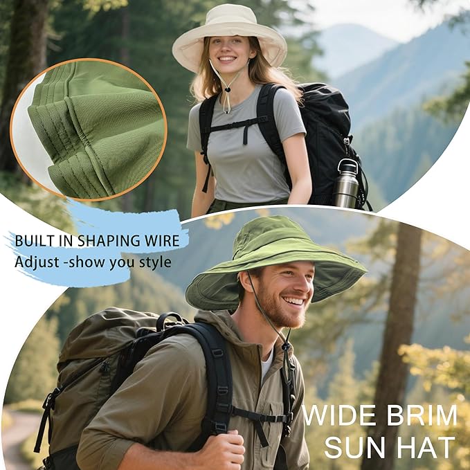 Sun Hats for Women Men UV Protection Wide Brim Bucket Hat with Ponytail Hole Waterproof Gardening Fold-Up Summer Cap