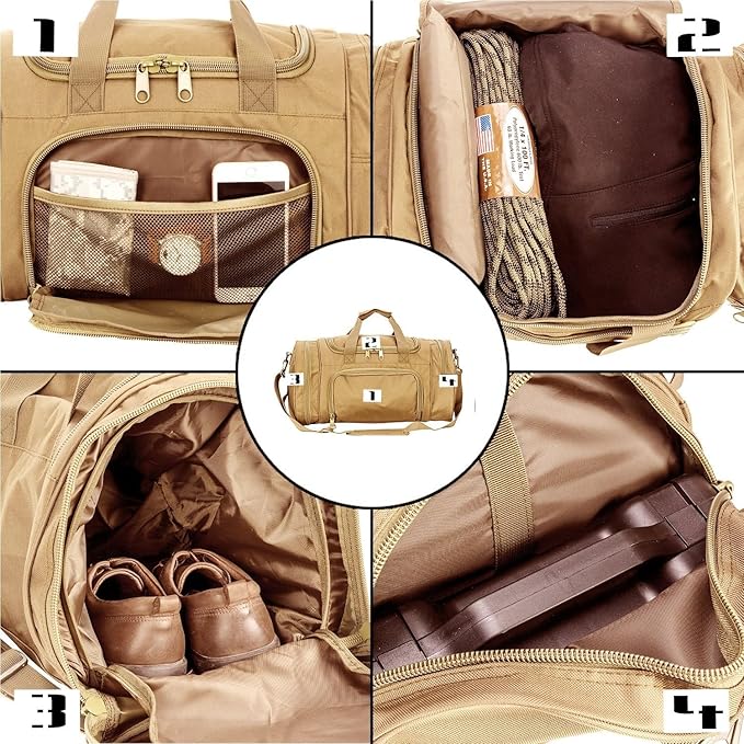 Gym Bag Duffle Bags for Men Women with Shoes Compartment Sport Weekend Travel Overnight Carry On Bag for Tactical Military Travel Work Out Bags (Tan)